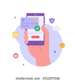 Hand holds a phone with received confirmation of payment. Online mobile payment and banking service. Concept of payment approved, payment done. Vector illustration in flat design for web banner