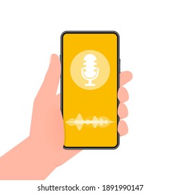 Hand holds phone with record podcast on screen on yellow background. Vector illustration.
