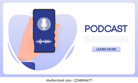 Hand holds phone with record podcast on screen. Vector illustration