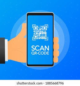 Hand holds phone with scan qr code on screen. Phone on blue background. Vector illustration.