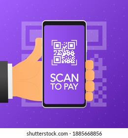 Hand holds phone with scan qr code to pay on screen. Phone on violet background. Vector illustration.