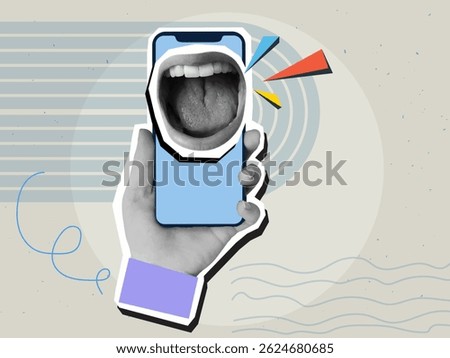 Hand holds phone with a screaming open mouth on screen. Modern collage style. Vector illustration