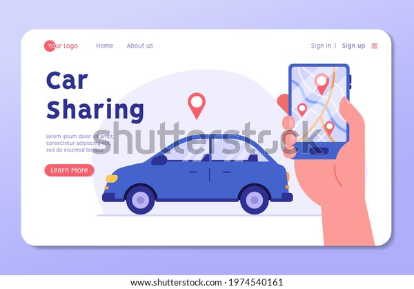 Hand holds the phone, search for a car for rent.\
Concept of car rental, car sharing, driver services, taxi, sober\
driver, smart car, technology, check, geolocation. Vector\
illustration in flat\
design
