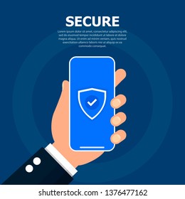 The hand holds the phone with a security token on the screen. Dark blue background and white text on top.