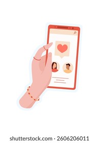 A hand holds a phone. A smartphone displays a social app on its screen. Digital media, play with chat options, and engage users online in sticker format.