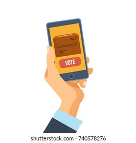 Hand holds phone, smartphone, with online application for online voting on screen. Candidate selection, rating creation, political views. Vector illustration isolated.