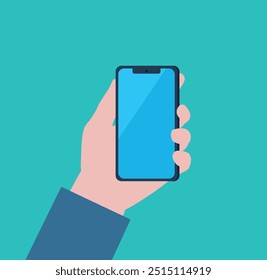 Una mano sostiene un teléfono. La pantalla del smartphone tiene un cristal azul con un ligero reflejo de luz. Un teléfono moderno. Vector de diseño plano