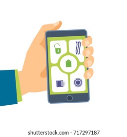 Hand holds the phone. Software on the smartphone. Mobile applications. Use the phone and its functions for your own needs. Vector illustration isolated on white background.