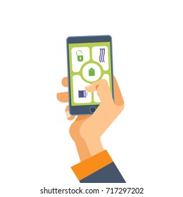 Hand holds the phone. Software on the smartphone. Mobile applications. Use the phone and its functions for your own needs. Vector illustration isolated on white background.