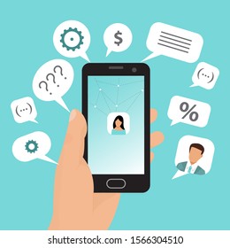 Hand holds phone with a speech bubbles around vector illustration. Communications icons, text bubble, screen messages around smartphone.