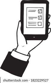 hand holds a phone with to-do list on the screen sketch icon, sticker, drawn vector doodle, minimalism, monochrome. single element for design. achievement of goals, technology, communication