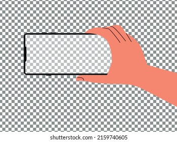 hand holds a phone with a transparent screen, blank for your banners, posters, advertising booklets