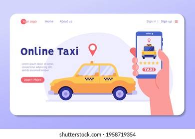 Hand Holds The Phone, Uses The Taxi Application. Concept Of Taxi Service, Geolocation, Using Phone, Driver, Homecoming, Online Taxi. Vector Illustration In Flat Design For Mobile App, Web Banner.