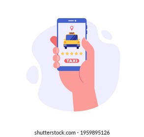 Hand holds the phone, uses the taxi application. Concept of taxi service, geolocation, using phone, driver, homecoming, online taxi. Vector illustration in flat design for mobile app, web banner.