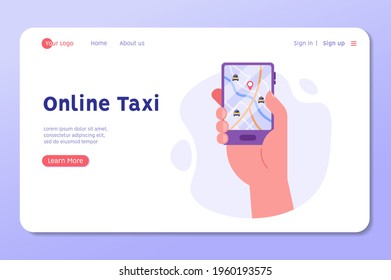 Hand Holds The Phone, Uses The Taxi Application. Concept Of Taxi Service, Geolocation, Using Phone, Driver, Homecoming, Online Taxi. Vector Illustration In Flat Design For Mobile App, Web Banner.