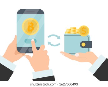 Hand holds phone and wallet with money and bitcoin. Cryptocurrency technology concept. Bitcoin exchange for cash