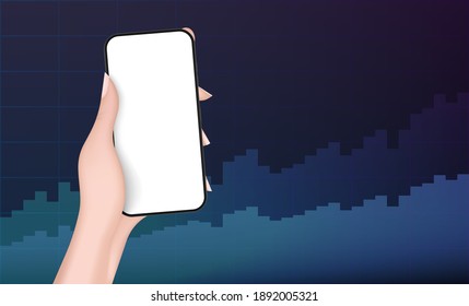 A hand holds a phone with a white screen on the background of financial charts. Neon colors, realistic style. The concept of analytics, business or trading on the financial exchange. Vector.
