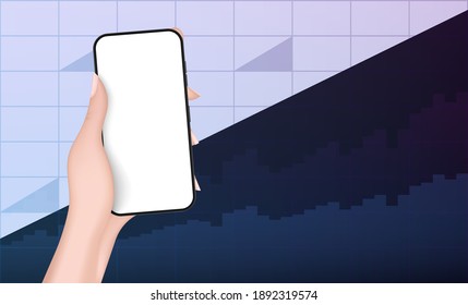 A hand holds a phone with a white screen on the background of financial charts.The concept of analytics, business or trading on the financial exchange. Neon colors, realistic style. Vector.