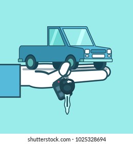 Hand holds pickup car with keys. Sell, rent car concept. Car dealer, buyer. Simple style vector illustration