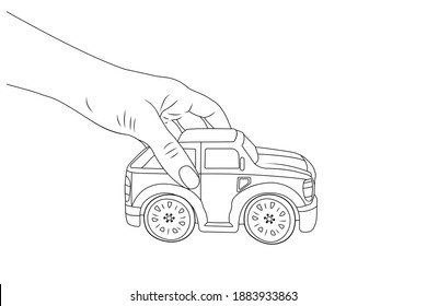 Hand holds a pickup toy car. Vector stock illustration eps10.