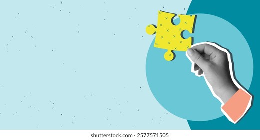 A hand holds a piece of a puzzle, place for text. Modern photo collage style. Vector illustration