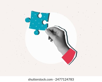 A hand holds a piece of a puzzle. Vector illustration in a modern collage style