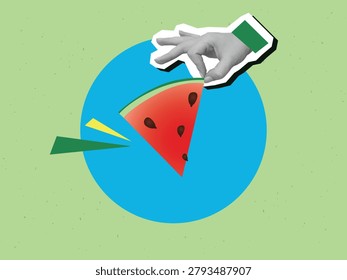 A hand holds a piece of watermelon. Modern photo collage style. Vector illustration