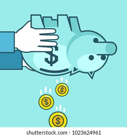 Hand holds piggy bank upside down  coins falling  Take money  stop saving  Simple style vector illustration