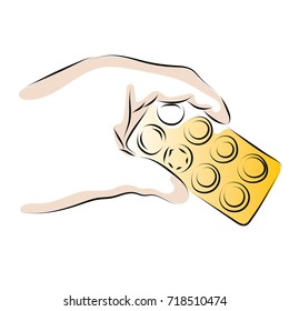 The hand holds the pills. Color vector illustration on medicine, health, illness, help.