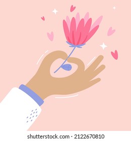 The hand holds a pink flower. Vector image on a pink background with hearts.