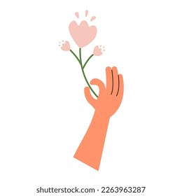 Die Hand hält eine rosa Blume. Vektorgrafik.