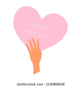 The hand holds the pink heart. Peace and love. No war concept. Unity, freedom and world peace. Vector flat illustration isolated on white background