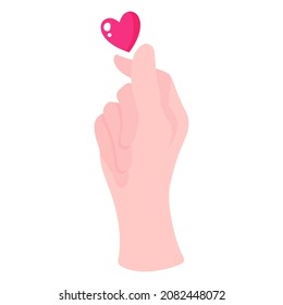 The hand holds pink heart. Wedding and valentine day concept. Vector cartoon isolated illustration.