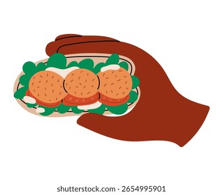 Mão segura Pita pão com falafel. Sem refeições. Comida tradicional do Oriente Médio. Cozinha judaica, árabe. Ilustração de vetor plano isolada em fundo branco.