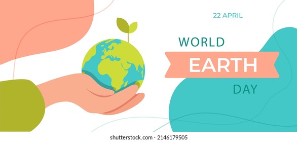 Hand holds the planet earth with green leaf banner. World earth day horizontal banner with white background. Abstract contemporary eco poster