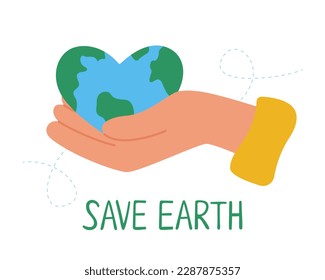 Hand holds the planet Earth in the shape of a heart. Earth day. Save the earth concept. Vector illustration