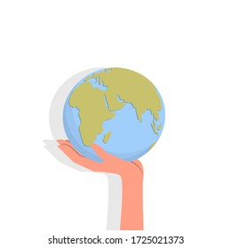 Hand holds planet Earth. Vector illustration, flat cartoon design, eps 10.