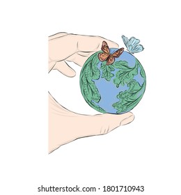 Hand holds planet. Ecology and environmental protection theme
