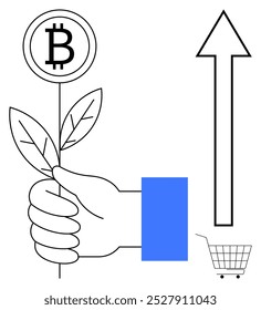 A hand holds a plant with a Bitcoin symbol, signifying growth. An upward arrow and a shopping cart highlight rising market trends. Ideal for cryptocurrency, financial growth, investments, market