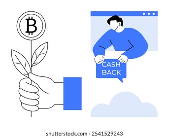 Uma mão segura uma planta com um símbolo Bitcoin, enquanto uma segunda pessoa emerge de uma tela com um sinal de cashback. Ideal para criptomoeda, fintech, recompensas on-line, transações digitais, crescimento econômico