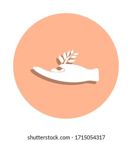 Hand holds a plant germ badge icon. Simple glyph, flat vector of farm icons for ui and ux, website or mobile application