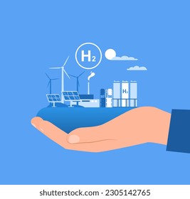 A hand holds a plant for the production of hydrogen in the palm of its hand. The concept of production and use as an energy source of hydrogen. Vector illustration.