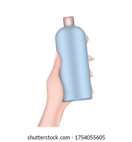 Hand holds a plastic bottle. Realistic female hand with a bottle. Good for shampoo or shower gel. Isolated. Vector.