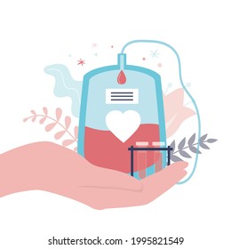 Mano sujeta un contenedor de plástico con sangre de donante. Tubos de muestra de plasma. Día mundial de los donantes de sangre. Brazo con bolso y botellas, aislado sobre fondo blanco. Concepto de centro de donaciones. Ilustración vectorial plana