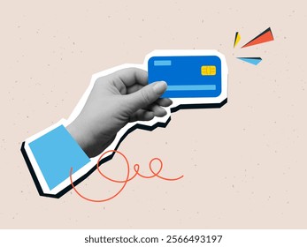 Hand holds a plastic credit card. Shopping, payment. Trendy collage style. Vector illustration