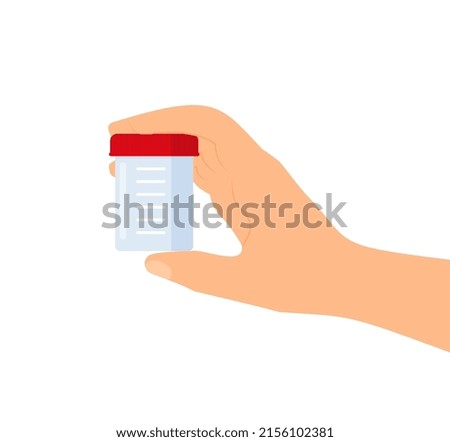 The hand holds a plastic jar for analysis. Vector illustration in flat style Eps 10