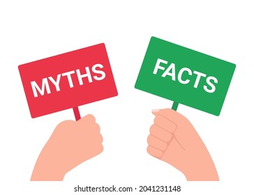 Hand holds plate sign with inscription word myth and fact. Truth or lie choice. Think and choice right. Vector illustration