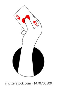 Hand holds a playing card ace of hearts of red color from a black hole of the abyss. Concept of winning a casino or good luck in fortune telling