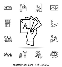 hand holds playing cards icon. Detailed outline set of casino element icons. Premium graphic design. One of the collection icons for websites, web design