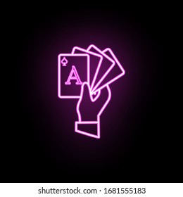 Hand holds playing cards neon icon. Simple thin line, outline vector of casino icons for ui and ux, website or mobile application